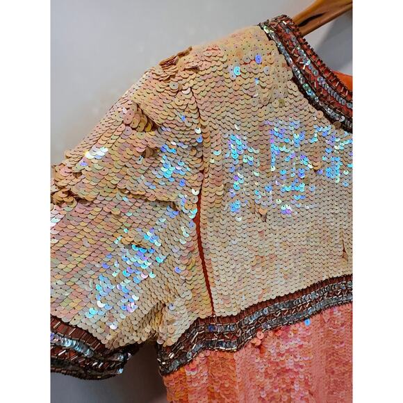 Vintage 80s Silk Sequin Pink Cocktail Dress Medium Fit Knee Length Sparkle Shine - Picture 8 of 14